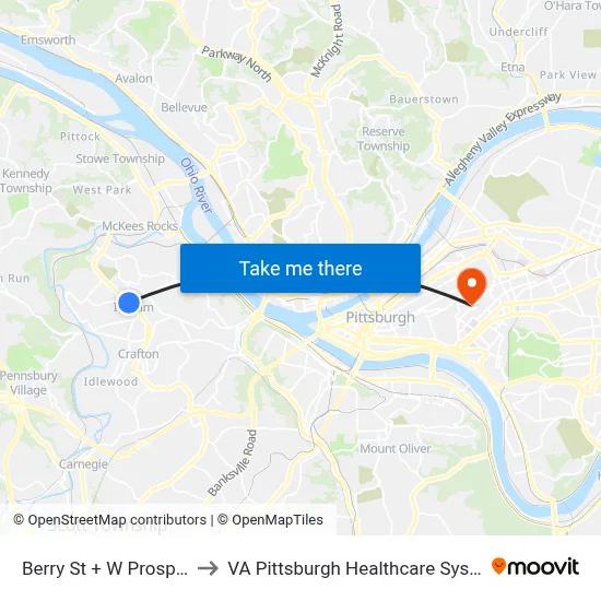 Berry St + W Prospect to VA Pittsburgh Healthcare System map