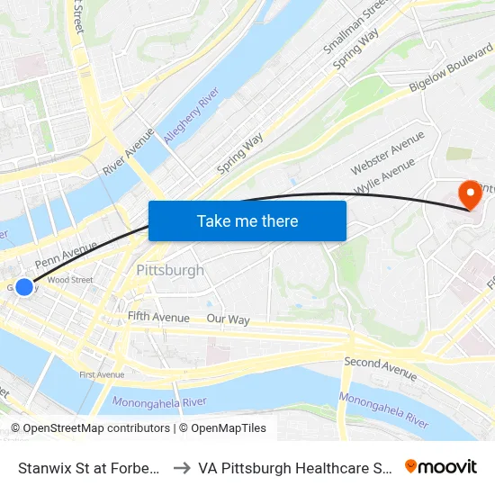 Stanwix St at Forbes Ave to VA Pittsburgh Healthcare System map