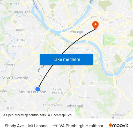 Shady Ave + Mt Lebanon Station to VA Pittsburgh Healthcare System map