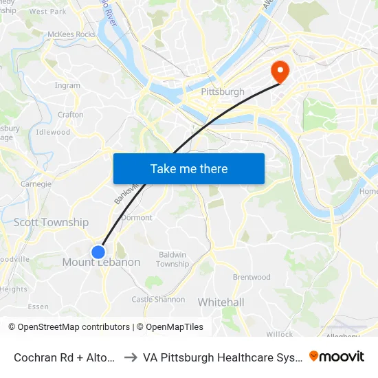 Cochran Rd + Altoona to VA Pittsburgh Healthcare System map