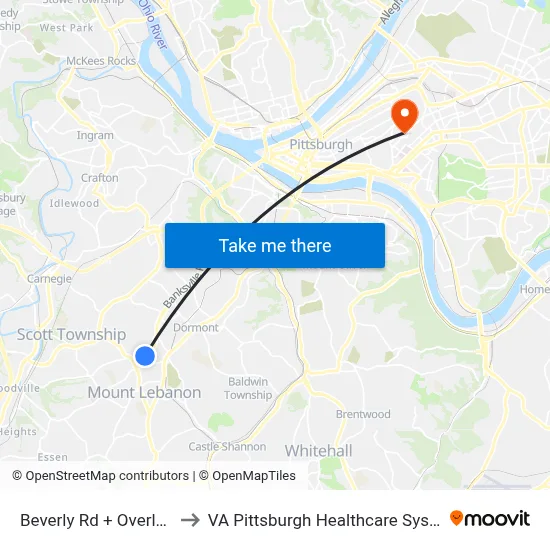 Beverly Rd + Overlook to VA Pittsburgh Healthcare System map