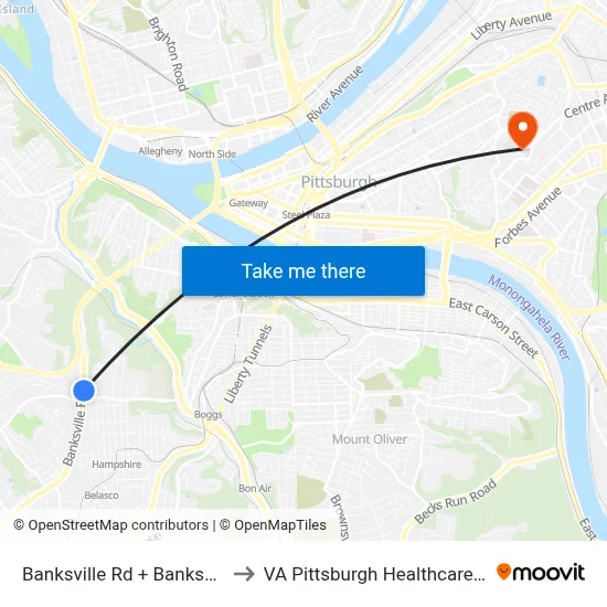 Banksville Rd + Banksville Ave to VA Pittsburgh Healthcare System map