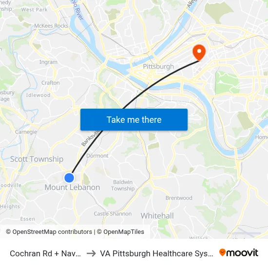 Cochran Rd + Navato to VA Pittsburgh Healthcare System map