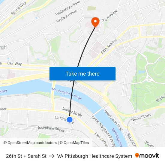 26th St + Sarah St to VA Pittsburgh Healthcare System map