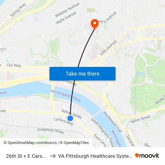 26th St + E Carson to VA Pittsburgh Healthcare System map