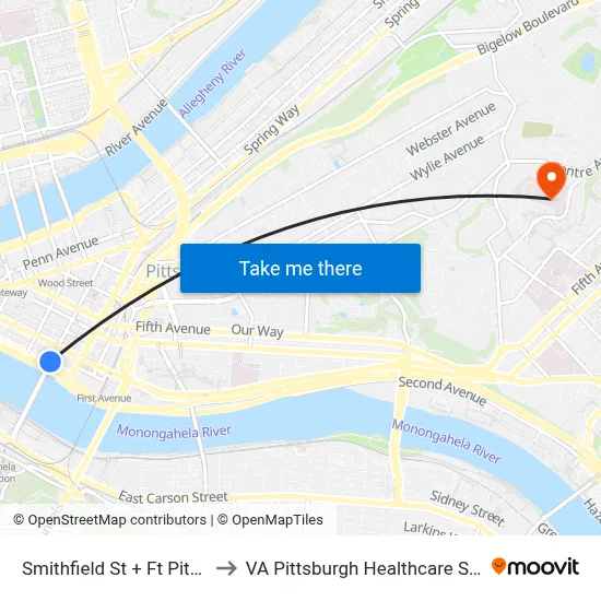 Smithfield St + Ft Pitt Blvd to VA Pittsburgh Healthcare System map