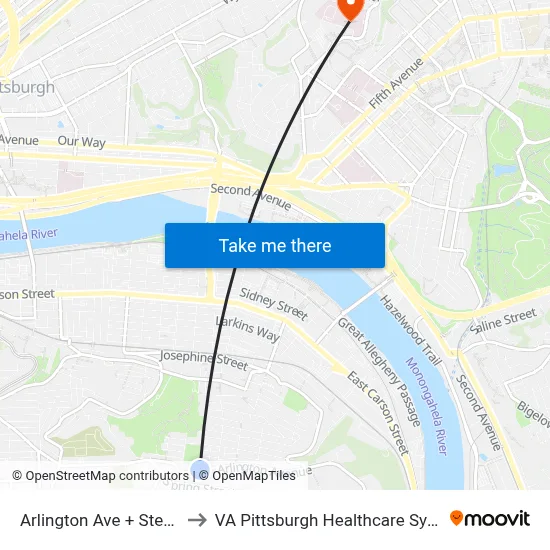 Arlington Ave + Sterling to VA Pittsburgh Healthcare System map