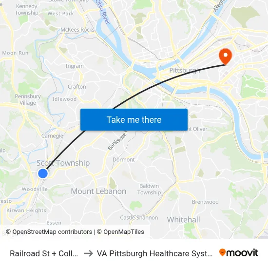 Railroad St + Collier to VA Pittsburgh Healthcare System map