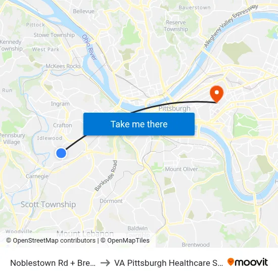 Noblestown Rd + Brenford to VA Pittsburgh Healthcare System map