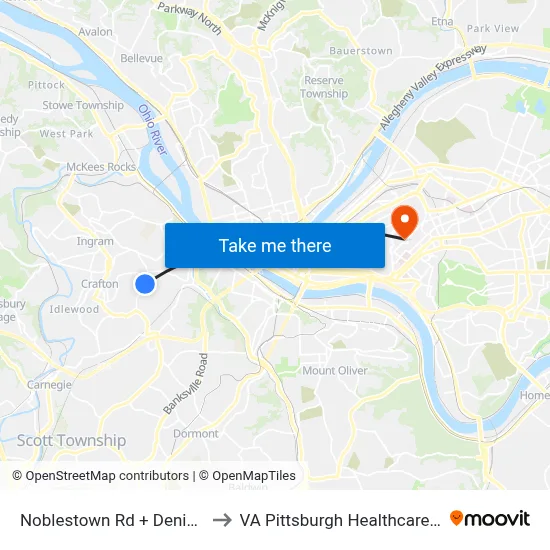Noblestown Rd + Denisonview to VA Pittsburgh Healthcare System map