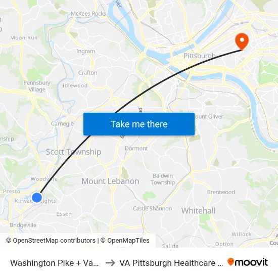 Washington Pike + Vanadium to VA Pittsburgh Healthcare System map