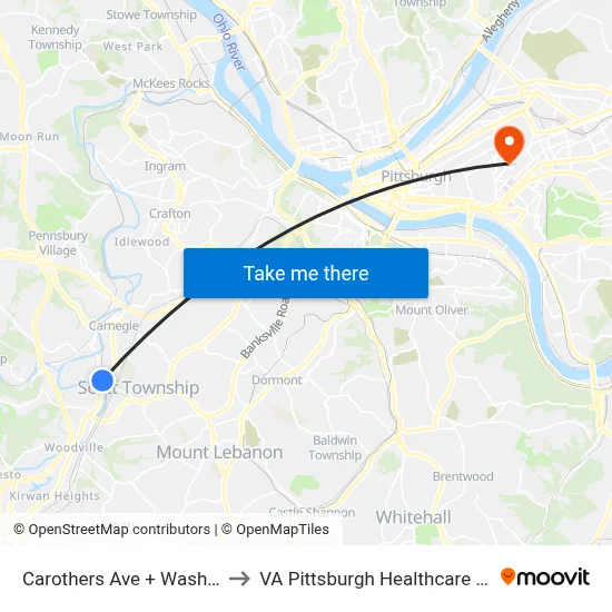 Carothers Ave + Washington to VA Pittsburgh Healthcare System map
