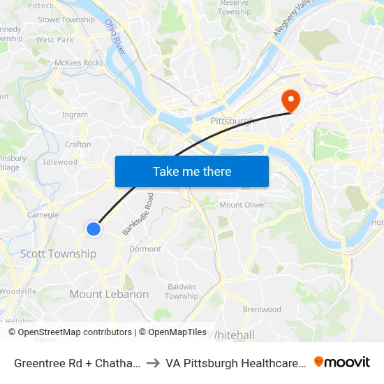 Greentree Rd + Chatham Park to VA Pittsburgh Healthcare System map
