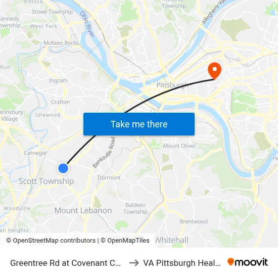 Greentree Rd at Covenant Church Park And Ride to VA Pittsburgh Healthcare System map