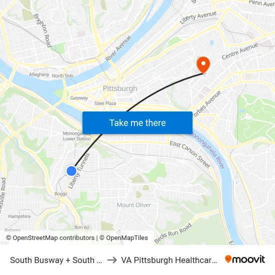 South Busway + South Hills Jct to VA Pittsburgh Healthcare System map