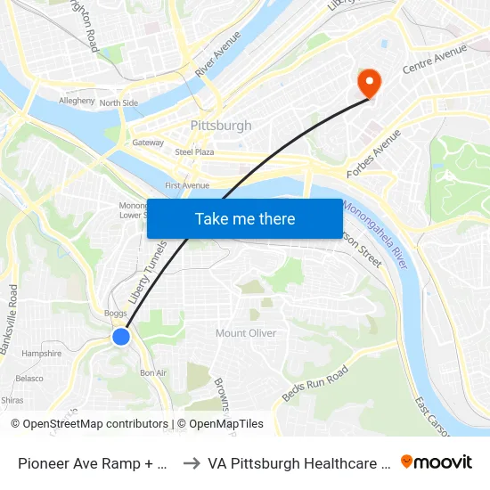 Pioneer Ave Ramp + Pioneer to VA Pittsburgh Healthcare System map