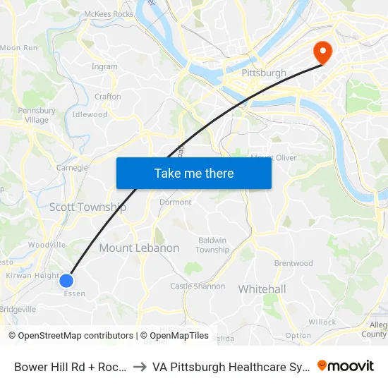 Bower Hill Rd + Rockhill to VA Pittsburgh Healthcare System map