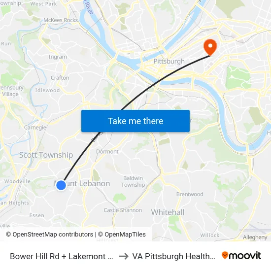 Bower Hill Rd + Lakemont (St Clair Hosp) to VA Pittsburgh Healthcare System map