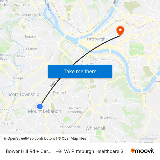 Bower Hill Rd + Carnegie to VA Pittsburgh Healthcare System map
