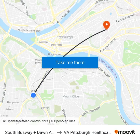 South Busway + Dawn Ave Shelter to VA Pittsburgh Healthcare System map