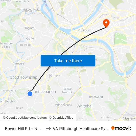 Bower Hill Rd + N Wren to VA Pittsburgh Healthcare System map