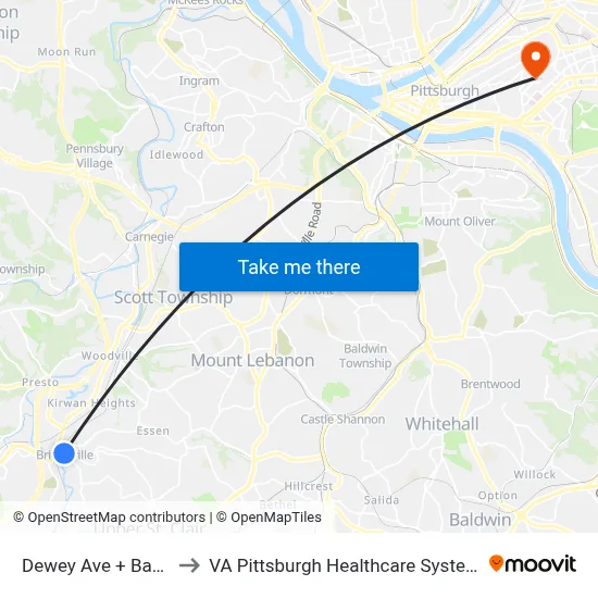 Dewey Ave + Bank to VA Pittsburgh Healthcare System map