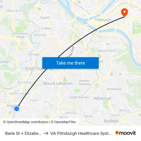 Bank St + Elizabeth to VA Pittsburgh Healthcare System map