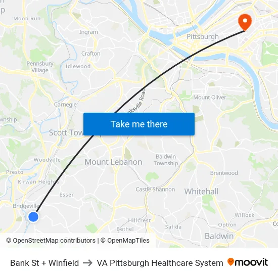 Bank St + Winfield to VA Pittsburgh Healthcare System map