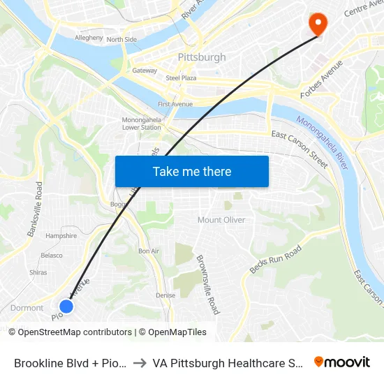 Brookline Blvd + Pioneer to VA Pittsburgh Healthcare System map