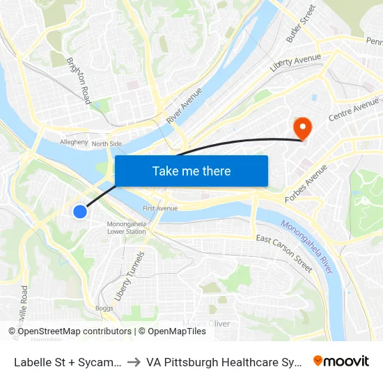 Labelle St + Sycamore to VA Pittsburgh Healthcare System map