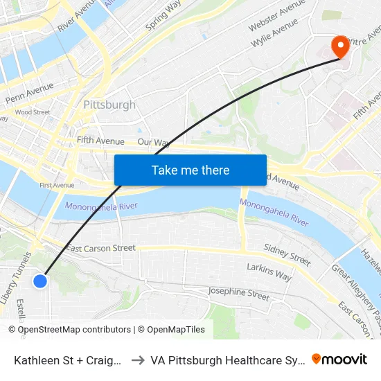 Kathleen St + Craighead to VA Pittsburgh Healthcare System map