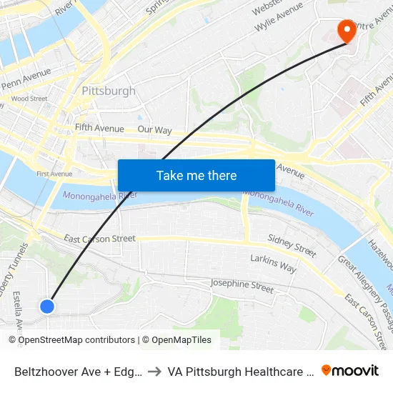 Beltzhoover Ave + Edgemont to VA Pittsburgh Healthcare System map