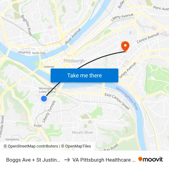 Boggs Ave + St Justins Plaza to VA Pittsburgh Healthcare System map