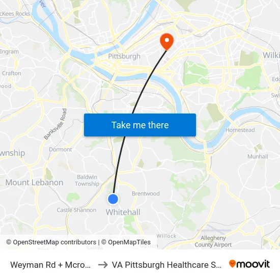Weyman Rd + Mcroberts to VA Pittsburgh Healthcare System map
