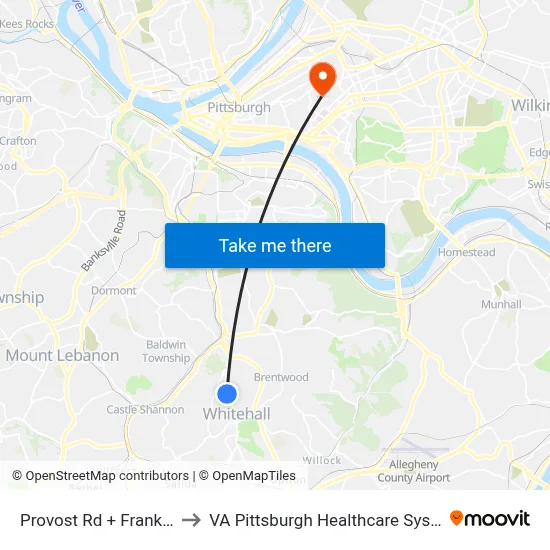Provost Rd + Frank FS to VA Pittsburgh Healthcare System map