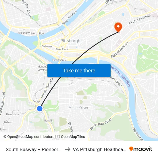 South Busway + Pioneer Ave Ramp to VA Pittsburgh Healthcare System map
