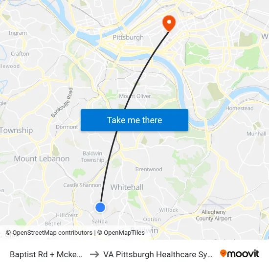 Baptist Rd + Mckee FS to VA Pittsburgh Healthcare System map