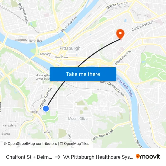Chalfont St + Delmont to VA Pittsburgh Healthcare System map