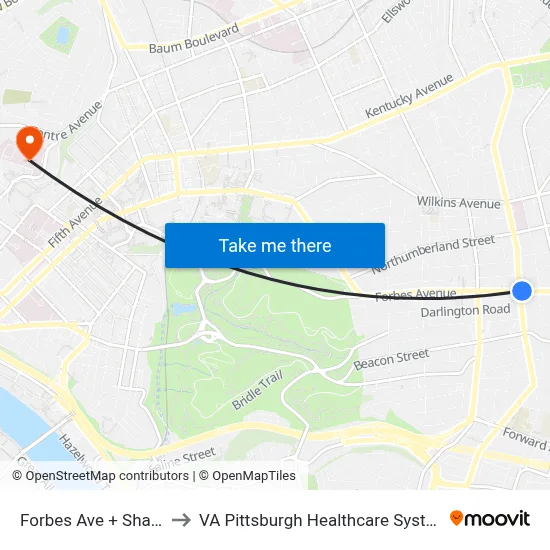 Forbes Ave + Shady to VA Pittsburgh Healthcare System map