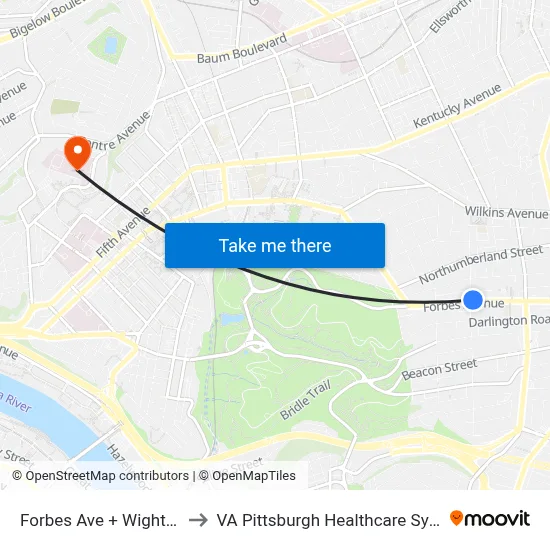 Forbes Ave + Wightman to VA Pittsburgh Healthcare System map