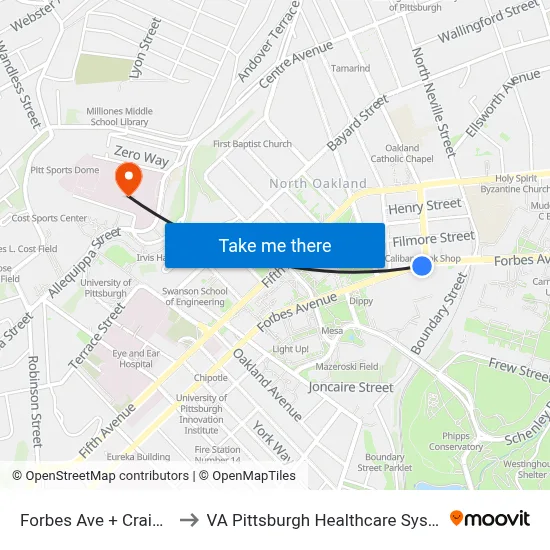 Forbes Ave + Craig St to VA Pittsburgh Healthcare System map