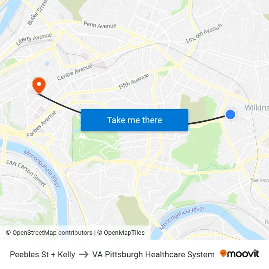 Peebles St + Kelly to VA Pittsburgh Healthcare System map