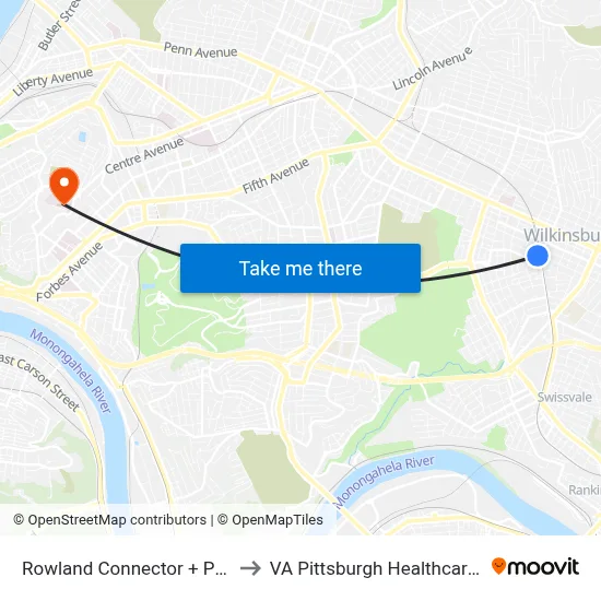 Rowland Connector + Pennwood to VA Pittsburgh Healthcare System map