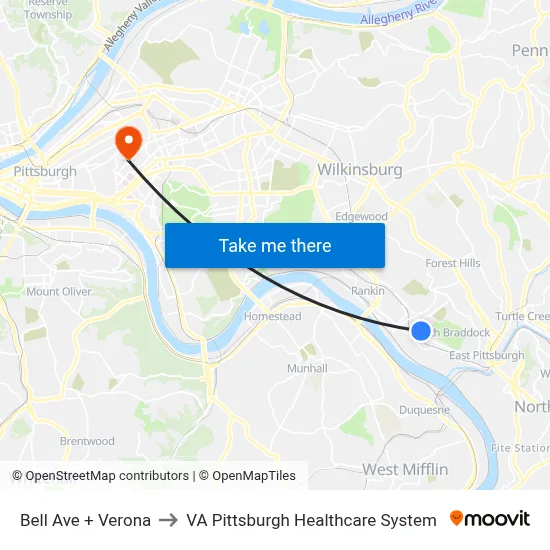 Bell Ave + Verona to VA Pittsburgh Healthcare System map