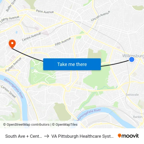 South Ave + Center to VA Pittsburgh Healthcare System map