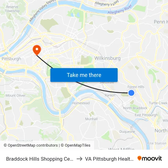 Braddock Hills Shopping Center + Giant Eagle to VA Pittsburgh Healthcare System map