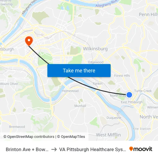 Brinton Ave + Bowers to VA Pittsburgh Healthcare System map