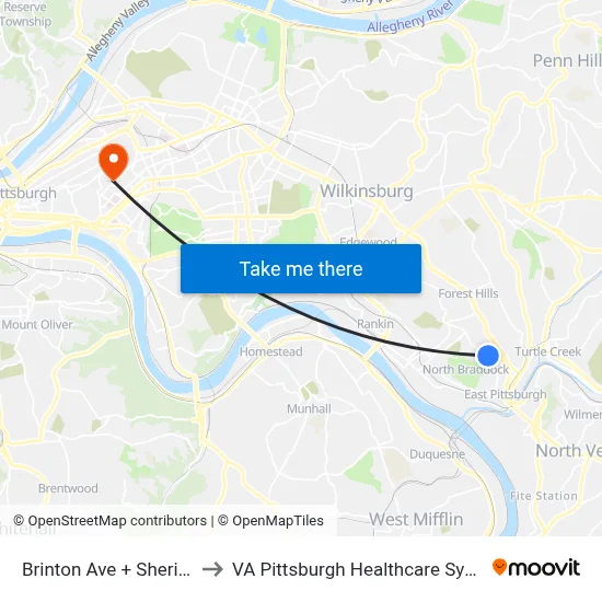 Brinton Ave + Sheridan to VA Pittsburgh Healthcare System map