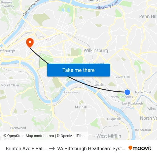 Brinton Ave + Pallas to VA Pittsburgh Healthcare System map