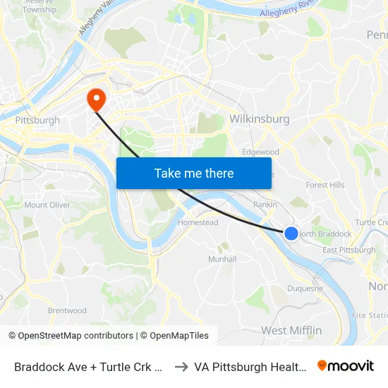 Braddock Ave + Turtle Crk Mental Health Ctr to VA Pittsburgh Healthcare System map